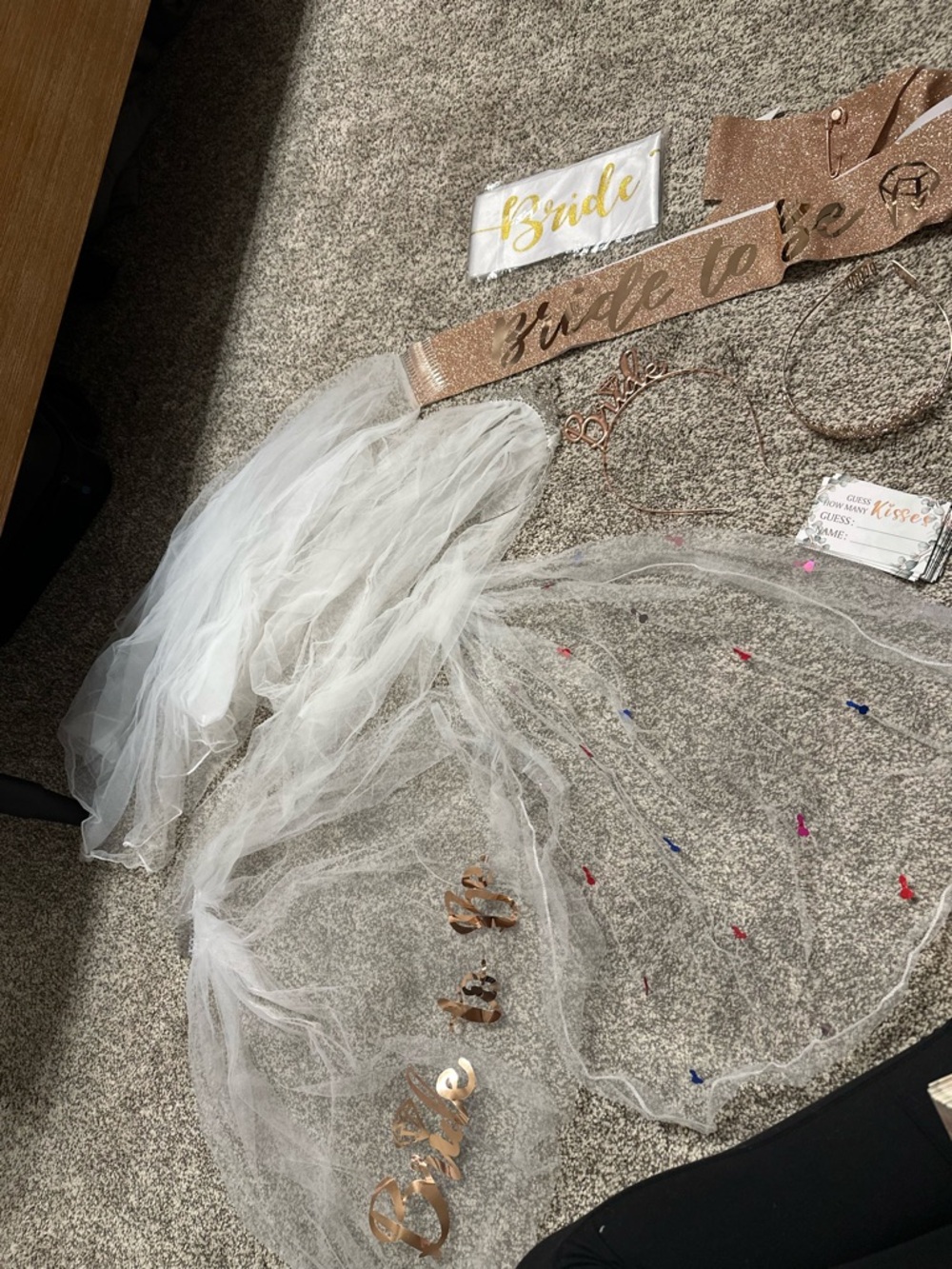 Bride-to-Be Veil with Rose Gold Lettering and Confetti plus sash and headbands